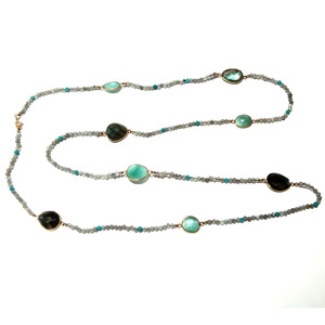 Natural Labradorite Larimar Sterling Silver Beaded <b>Statement</b> <b>Necklace</b> Gold Plated Bezel Multi Gemstone Layered Chain Long - Product Image 5