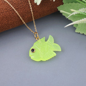 Artisan prehnite jade carved <b>fish</b> charm pendant jade black cz eye 18k gold plated brass adjustable necklace summer <b>gift</b> for her - Product Image 2
