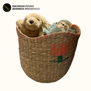 Panier de rangement pliable artisanal en jonc de mer naturel, motif floral vert, capacité personnalisable, style durable - Product Image 5