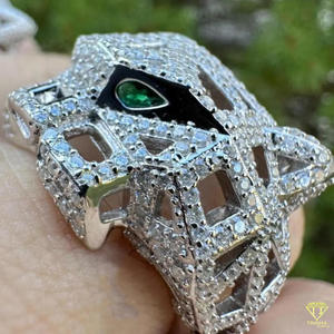 Moissanite Diamond Panther Head Statement <b>Ring</b> with Green Eyes White <b>Gold</b> Luxury Hip Hop Animal Designer <b>Cocktail</b> <b>Ring</b> for Men - Product Image 5