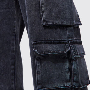 Men Straight Leg Stonewashed Denim Cargo Pants Multiple Pockets <b>Elastic</b> <b>Waist</b> Workwear Style Midweight 100% Cotton Canvas - Product Image 4