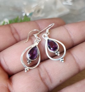 Nikhil Gems Designer Amethyst <b>Earrings</b> 925 Sterling Silver Platinum Plated Handmade Peace Design Dangle Drop Gemstone Jewelry - Product Image 4