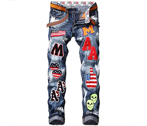 กางเกงยีนส์ทรงสกินนี่แบบขาดๆ สำหรับผู้ชาย สไตล์ไบค์เกอร์ แต่งดีเทลป้ายและแพทช์ - Product Image 1