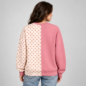Women's Rose <b>Pink</b> and Ivory Split Color Polka Dot Varsity Crewneck <b>Sweatshirt</b> Long Sleeve Ribbed Cuffs Pullover Wholesale - Product Image 2