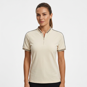 Polo à manches courtes pour homme, fermeture éclair, couleur unie, tricoté, style décontracté, beige - Product Image 4