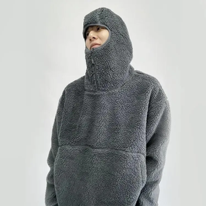 Sweat-shirt d'hiver noir coupe oversize pour homme, en polaire et sherpa, avec capuche cagoule zippée, coupe-vent, style urbain - Product Image 5