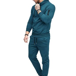 Survêtement à capuche pour homme, couleur turquoise, manches longues, couleur unie, coupe décontractée, polyester, vêtement d'automne avec poches latérales, fermeture à cordon - Product Image 5