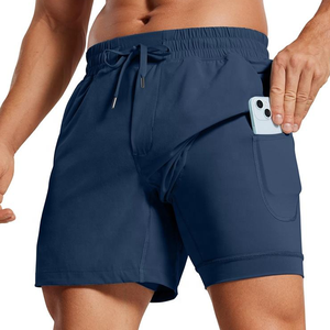 Shorts décontractés pour hommes, bleu marine uni, tricotés, avec logo frontal, séchage rapide, poches, taille mi-haute et cordon de serrage, style sport - Product Image 1