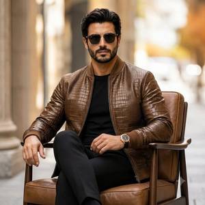 Blouson aviateur en cuir marron gaufré pour homme LEATHER SPOT |   Cuir véritable |   Fermeture éclair de luxe à texture croco |   Respirant - Product Image 2