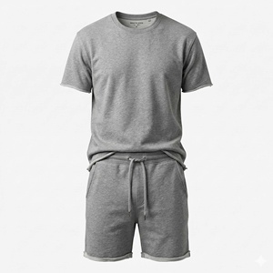 Ensemble T-shirt et short décontracté deux pièces en tissu uni avec logo personnalisé, collection été 2026, polyester/coton respirant et séchage rapide - Product Image 1