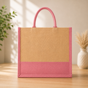 กระเป๋าโท้ทผ้าปอกระเจาสีชมพูพร้อมหูหิ้วด้านบน ดีไซน์ทรงแข็งแรง - Product Image 1