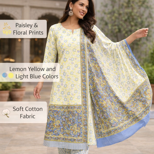 Traje Punjabi Blanco Profesional para Mujer |   Conjunto de Kurti y Pijama con Estampado Floral Indio y Borde Decorativo |   Vestido Sarong de Algodón Pro - Product Image 5