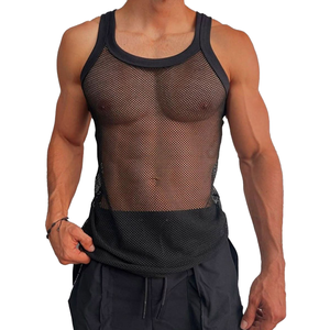 Men's <b>Black</b> Mesh Tank Top Round Neck Sleeveless Fitted Breathable Polyester Vest Summer Solid Color Adult Style - Product Image 1
