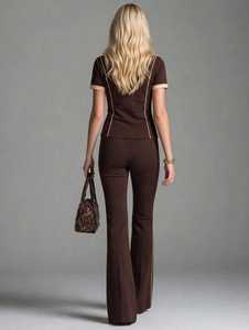 Ensemble deux pièces pour femme, col polo zippé à manches courtes, pantalon long à blocs de couleur marron, survêtement - Product Image 3