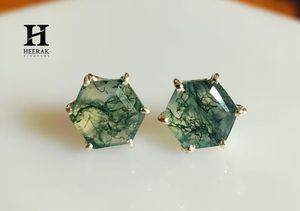 Luxury Hexagon Moss Agate <b>Stud</b> <b>Earrings</b>, Natural Gemstone Ear <b>Studs</b> in 14K Gold, Unique Minimalist Jewelry for Women and Gifts - Product Image 3