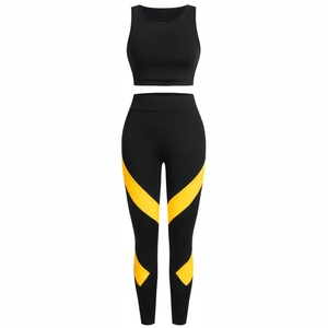 <b>Black</b> Yellow Color Blocking Yoga Set Crop <b>Top</b> High Waist Leggings Two Piece Seamless Spandex Polyester Workout Wear - Product Image 1