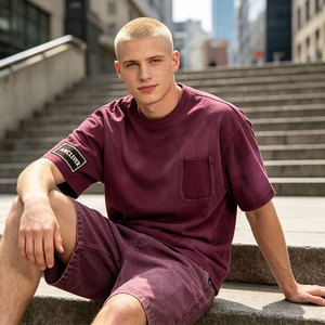 <b>Men's</b> Burgundy Casual WASHED T-<b>Shirt</b> Crew Neck Short Sleeve Summer Tee With Chest Pocket - Product Image 3