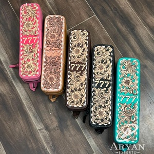 Super Septembre Support pour fer à friser et lisseur en cuir véritable repoussé, design porte-bonheur 777, résistant à la chaleur - Product Image 1