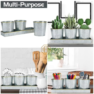 Ensemble de 3 pots à herbes rustiques en métal galvanisé, nervurés, pour plantes d'intérieur, avec plateau de drainage, pour cuisine, rebord de fenêtre, balcon - Product Image 3