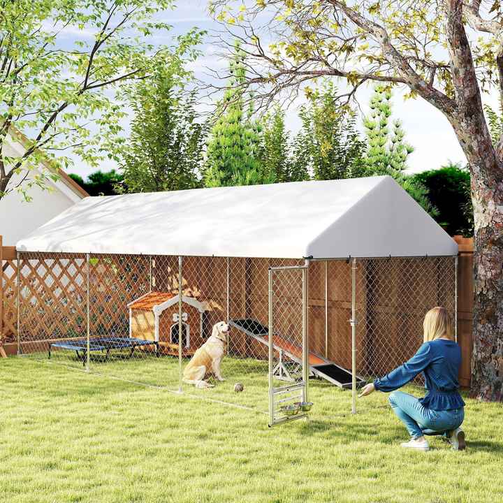 Outdoor Dog Kennel with Adjustable Rotatable Bowl Rack Waterproof UV-Resistant Cover Secure Lock 19.7' X 7.5' X 7.5'-Pet Cage