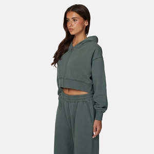 Women's <b>Cropped</b> Hooded <b>Zip</b>-<b>Up</b> Sweatshirt Solid Color Fleece Long Sleeve Autumn Casual Wear - Product Image 3
