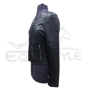Leather Lambskin <b>Jacket</b> Solid Black Womens Collarless Moto <b>Jacket</b> <b>with</b> Front <b>Zipper</b> Side <b>Pockets</b> Custom OEM Winter Wear - Product Image 2