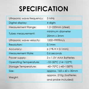 Medidor de Espesor Ultrasónico Digital 1.2-220mm |   Probador de Metales LCD para Medición de Tubos y Placas de Acero, Aluminio y Cobre (OEM) - Product Image 4