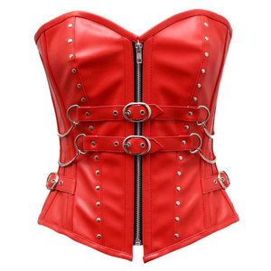 Women's Red PU <b>Leather</b> <b>Corset</b> Casual Style Waterproof V-neck Zipper Closure Strapless Outerwear with Chains and Studs - Product Image 1