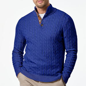 Suéter de Punto Azul para Hombre, Cierre de Botones, Color Sólido, Jersey de Invierno, Material de Lana Gruesa - Product Image 4