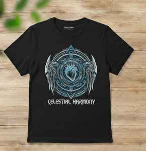 Camiseta gráfica Elite Celestial Harmony – Algodón pesado Obsidian de primera calidad, diseño detallado de geometría sagrada y corazón ciberorgánico - Product Image 3