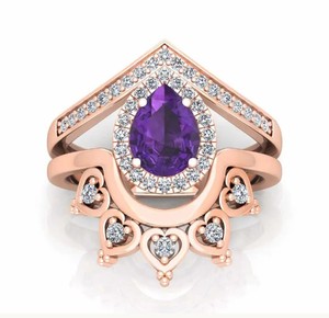 Bague Toi et Moi en Améthyste Forme Poire, Plaqué Or Rose, Motif Floral Feuille de Vigne, Vente en Gros, Ensemble de Bagues de Mariage en Améthyste Taillée Poire, Bijoux Fins - Product Image 1