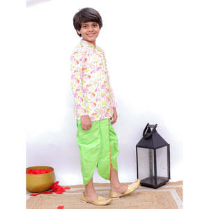 Ensemble Kurta et Dhoti pour garçons indiens, style Pak & Party Wear, blanc et vert lime, imprimé plage, manches longues en coton doux - Product Image 4