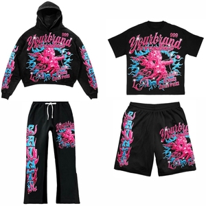 Ensemble streetwear vintage personnalisé pour homme : sweat à capuche court en coton vieilli et pantalon de survêtement évasé avec broderie appliquée - Product Image 1