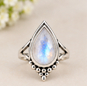 Rainbow <b>Moonstone</b> Teardrop Ring, Sterling Silver Gemstone <b>Jewelry</b>, Blue Flash <b>Moonstone</b> Ring, Boho Statement Ring - Product Image 3