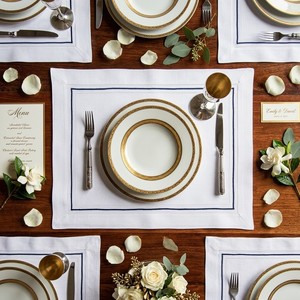 Handcrafted White Cotton Placemats with Elegant Blue Embroidery Border, Luxury Hemstitch <b>Table</b> Mat <b>for</b> Dinner Party & Wedding - Product Image 1