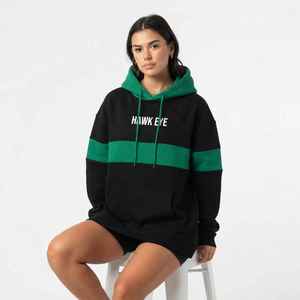 <b>Women</b> <b>Black</b> Green Color Block Oversized Hoodie Long Drop Shoulder Pullover Sweatshirt - Product Image 5