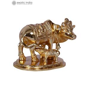 2 Inches Gold-Plated Brass <b>Statue</b> of Mother Cow with Calf Handmade Sculpture for Home Decor and Gifting Made In India - Product Image 1