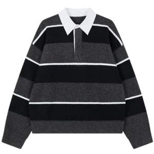 Suéter Polo de Punto a Rayas para Hombre, Cuello en Contraste, Color Carbón, Manga Larga, Estilo Casual, para Invierno, Mezcla de Algodón Suave, OEM - Product Image 1