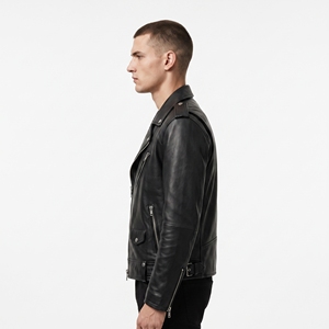 Dumela Men's Black Genuine Leather Canvas Motorcycle Jacket <b>Slim</b> Fit Stand Collar Zipper Closure <b>Belted</b> Design Solid Color - Product Image 6