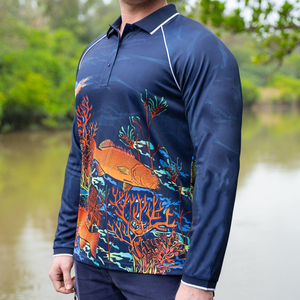 เสื้อโปโลตกปลาแขนยาวสำหรับผู้ชาย ออกแบบตามสั่ง OEM เนื้อผ้าสแปนเด็กซ์โพลีเอสเตอร์ ระบายอากาศได้ดี พร้อมคุณสมบัติกันน้ำ - Product Image 2