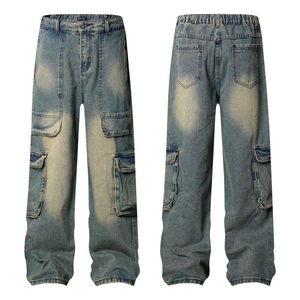 Jeans cargo personnalisés à coupe droite, alliant jambe droite et multi-poches, pantalon cargo en denim ajustable, streetwear unisexe ample - Product Image 1