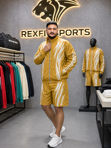 ชุดกีฬา REXFIT SPORTS 2026 เสื้อแจ็คเก็ตและกางเกงขาสั้นแบบสั่งทำพิเศษสำหรับผู้ชาย ชุดกีฬาไนลอนสีมัสตาร์ด ชุดวอร์มสีเหลืองสำหรับผู้ชาย เสื้อแจ็คเก็ตและกางเกงขาสั้นสีเหลือง - Product Image 3