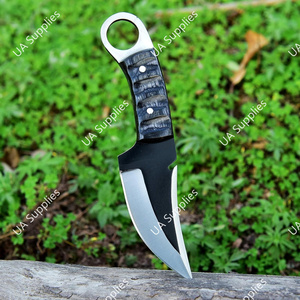 Couteau de chasse à lame fixe de haute qualité avec trou pour le pouce, lame tranchante comme un rasoir, manche en bois de Pakka sculpté noir, étui en cuir - Product Image 3