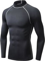Camiseta de Compresión Negra para Hombre, Cuello Redondo, Manga Larga, Costuras en Contraste Azules, Protección Solar UPF50+, Diseño Personalizable