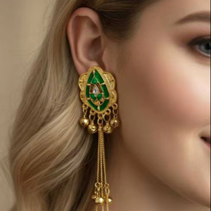 Pendientes Largos de Diseño Étnico Kashmirí con Cristales y Diamantes de Imitación, Geométricos, de Lujo, Tradicionales Indios, para Novias, Bodas y Fiestas - Product Image 1