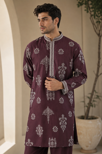 <b>Men</b> Ethnic Maroon Embroidered Cotton Kurta <b>Pyjama</b> Set Wedding Wear Designer Long Kurta Indian Pakistani Traditional Suit - Product Image 2
