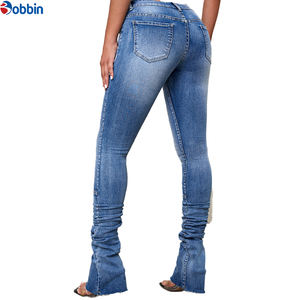 Jean décontracté pour femme, taille haute, en denim bleu délavé, extensible, coupe skinny, personnalisé, évasé et empilé, grandes tailles - Product Image 6