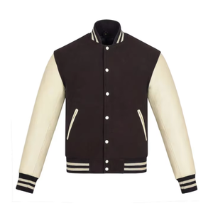 Men's Dark Chocolate <b>Brown</b> Varsity Jacket With Cream Contrast Sleeves Ribbed Stripe Collar Snap Button Closure Casual Outerwear - Product Image 1