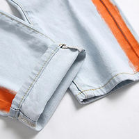 Jean en denim déchiré bleu clair pour homme, coupe slim, jambe droite, bande latérale orange, décontracté, respirant, été-automne