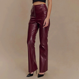 Pantalon en cuir PU bordeaux taille haute coupe droite pour homme, pantalon formel avec fermeture éclair, design anti-plis - Product Image 6